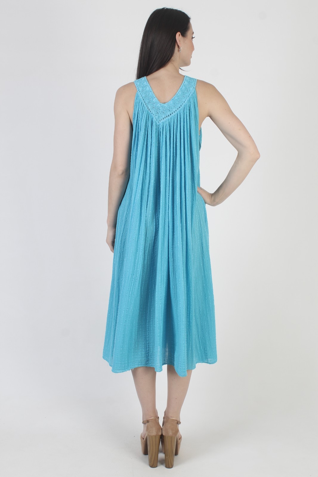 Vtg Turquoise Gauze Dress Cover Up Crochet Mexican Beach Kaftan Ethnic Sundress