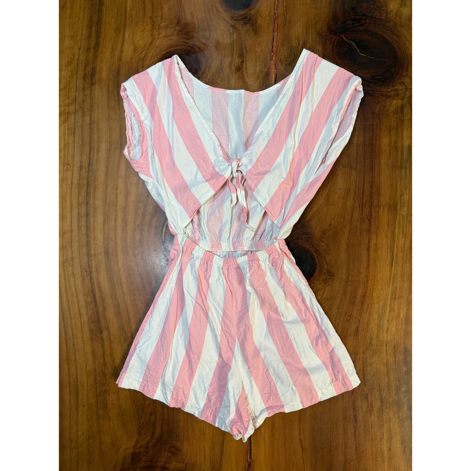 Vintage 80s 90’s Fun N Sun Women’s Romper L Candy Stripe Open Back Cotton v3-5