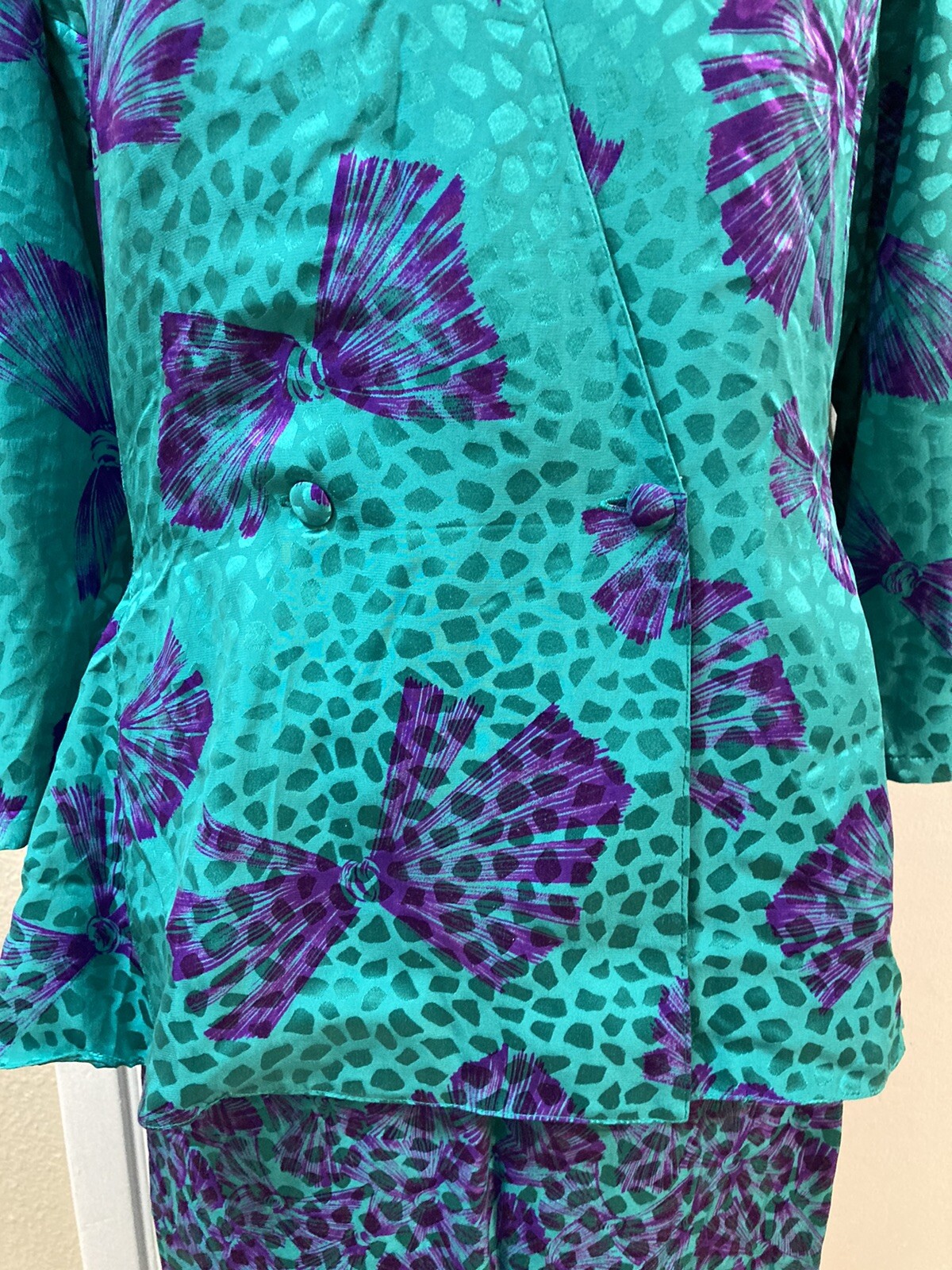 NORA NOH Asymmetric Blouse Maxi Skirt Set 100% Silk Jewel Green Purple Vtg 14
