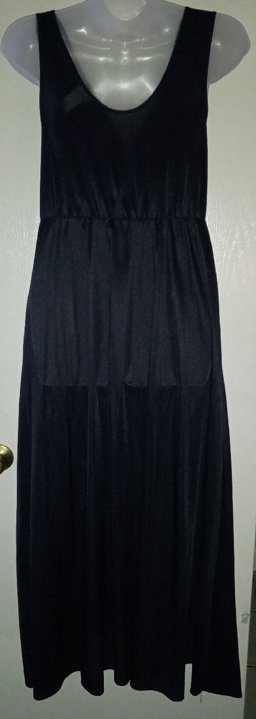 Vintage 80s Black Nylon Floral Lace Bodice Full Sweep Nightgown M Soft Moments