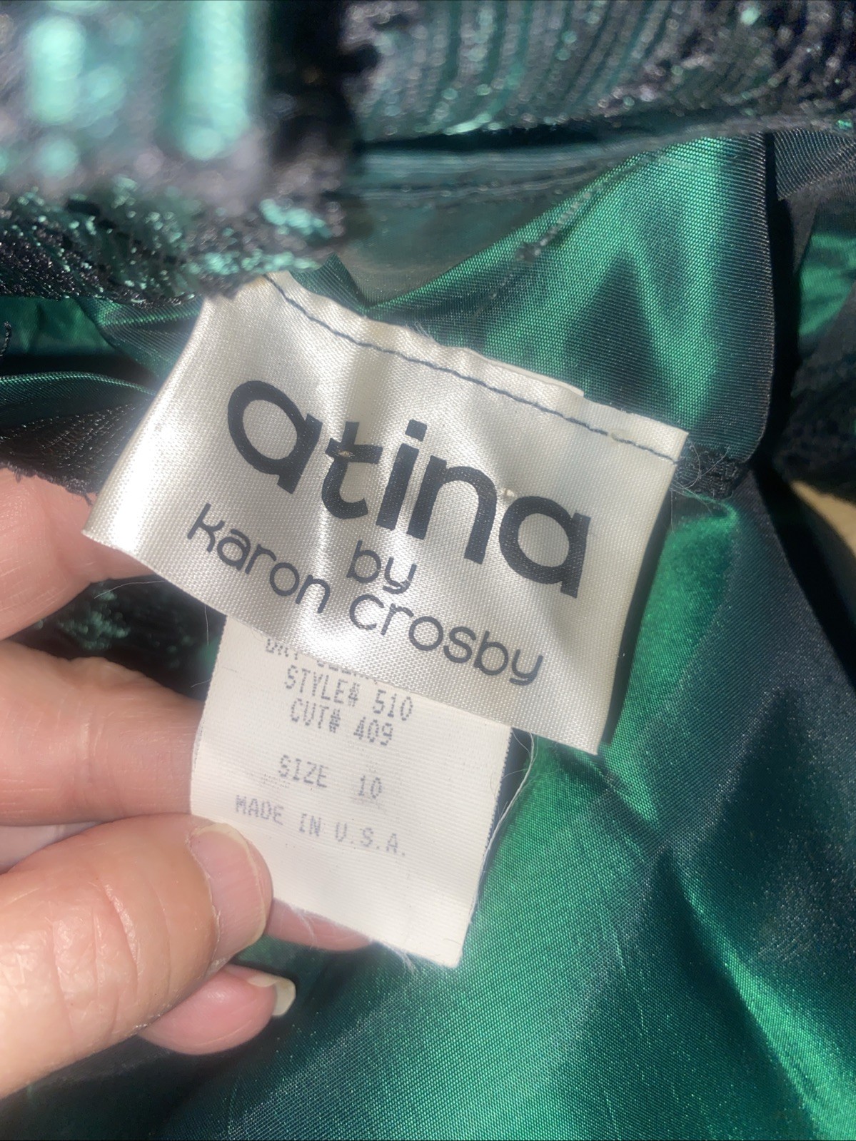 80s Atina Karon Crosby Green Taffeta Black Lace Cocktail Formal Dress Medium