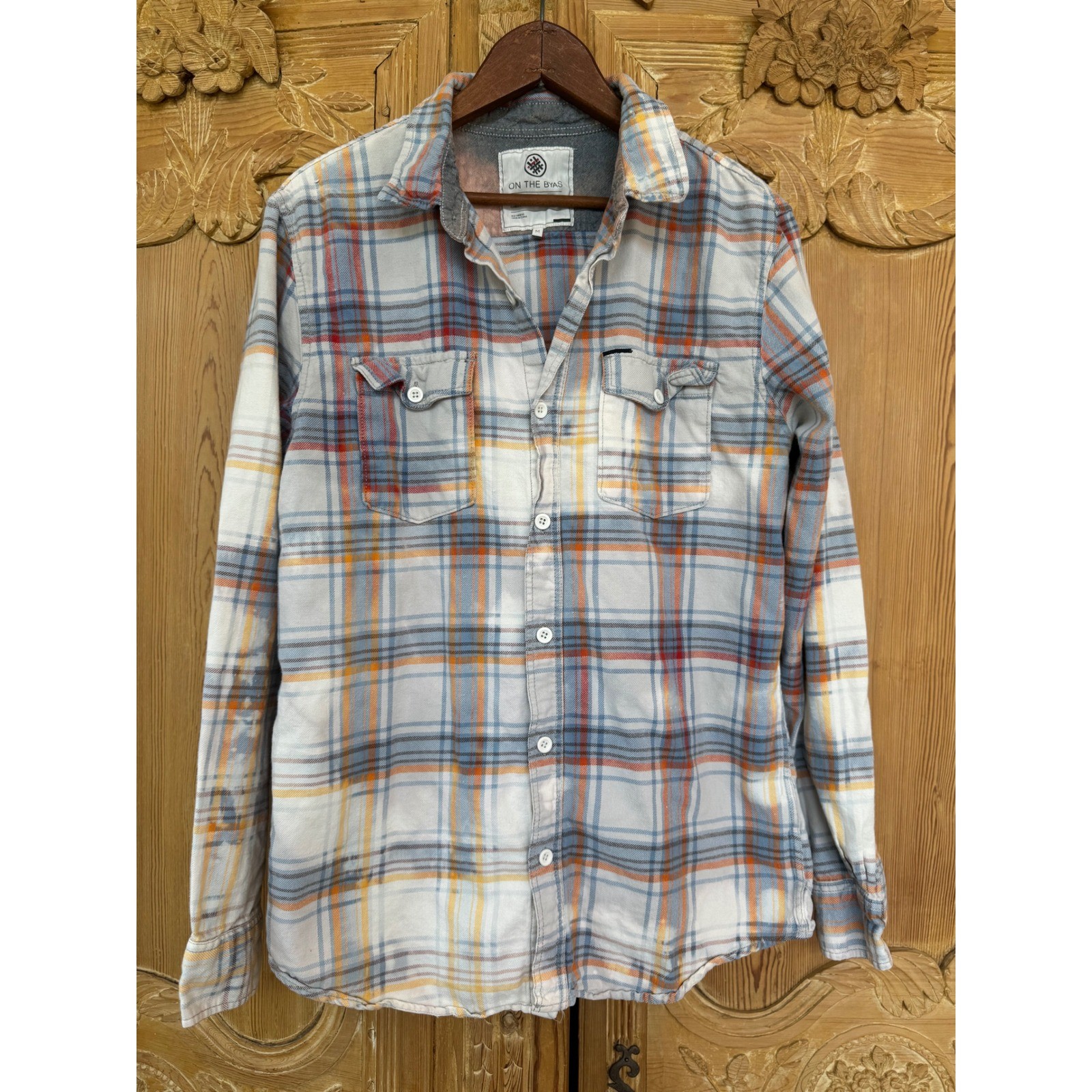 Upcycled Eye Patch Flannel Shirt Medium | Folk Art Plaid Button Down