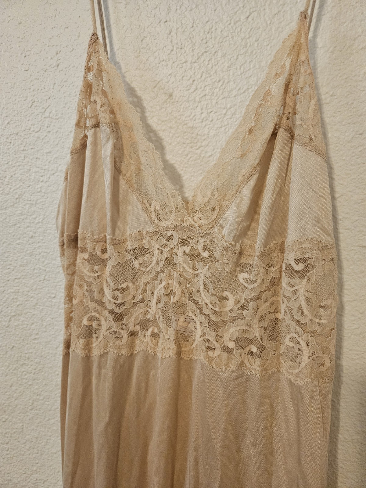 ​VTG 70s Maidenform Dreamwear Peignoir Set M Tan Beige Nylon Lace Robe Gown USA