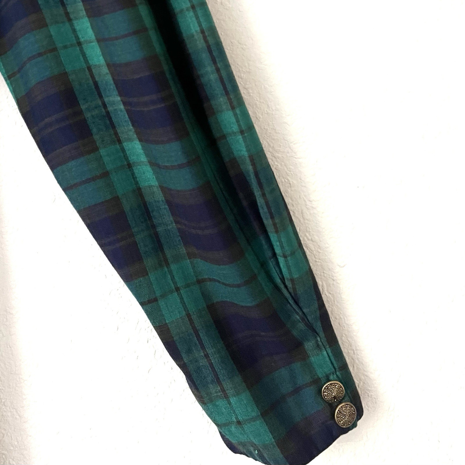 VTG LGS 90s Plaid Embroidered Drop Waist Maxi Dress 12 Tartan Plaid Shoulder Pad