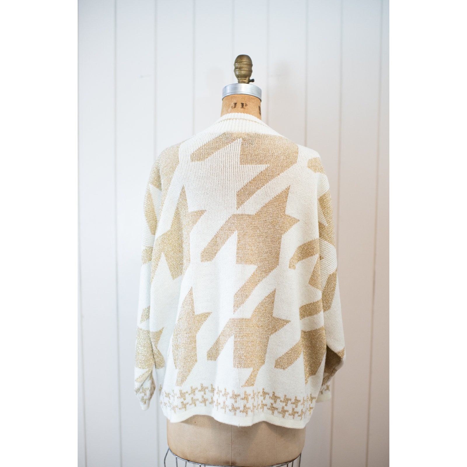 Vintage 80s Abstract Origami Sweater Cream Gold Metallic Artsy Neutral Knit, Lg