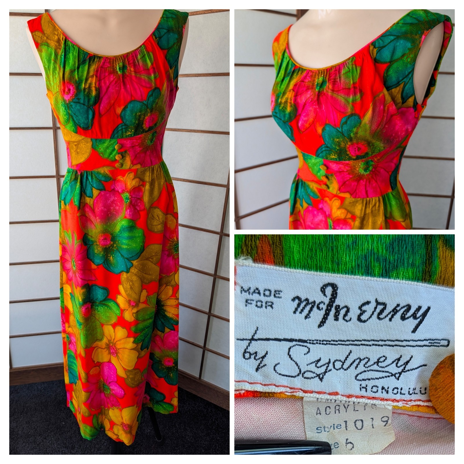 Vtg McInerny By Sydney Hawaiian Dress MuuMuu Maxi Midi Barkcloth Sz XS Day Glo