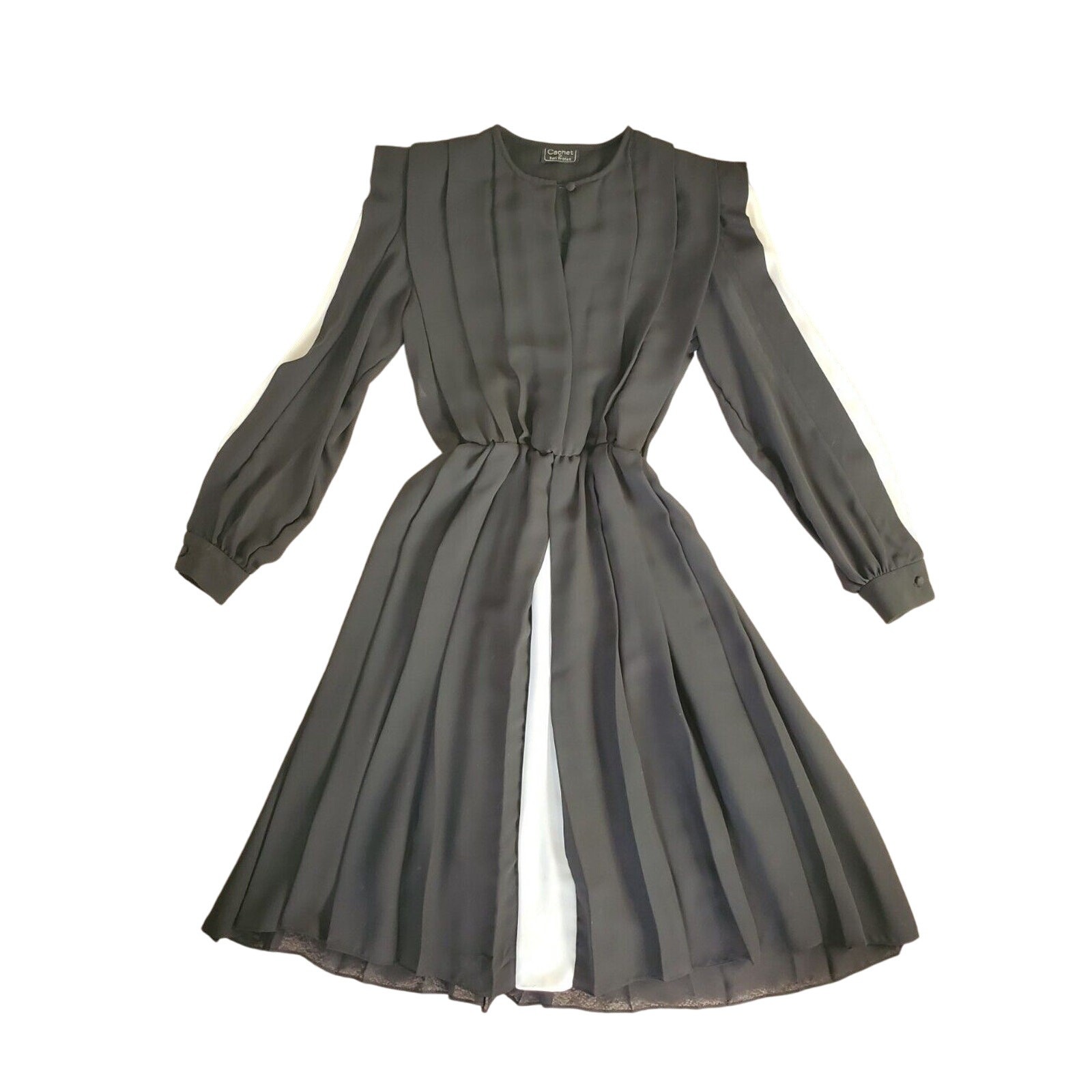 Vintage Cachet by Bari Protas Two-Toned Pleated Black White Midi Dress, Medium