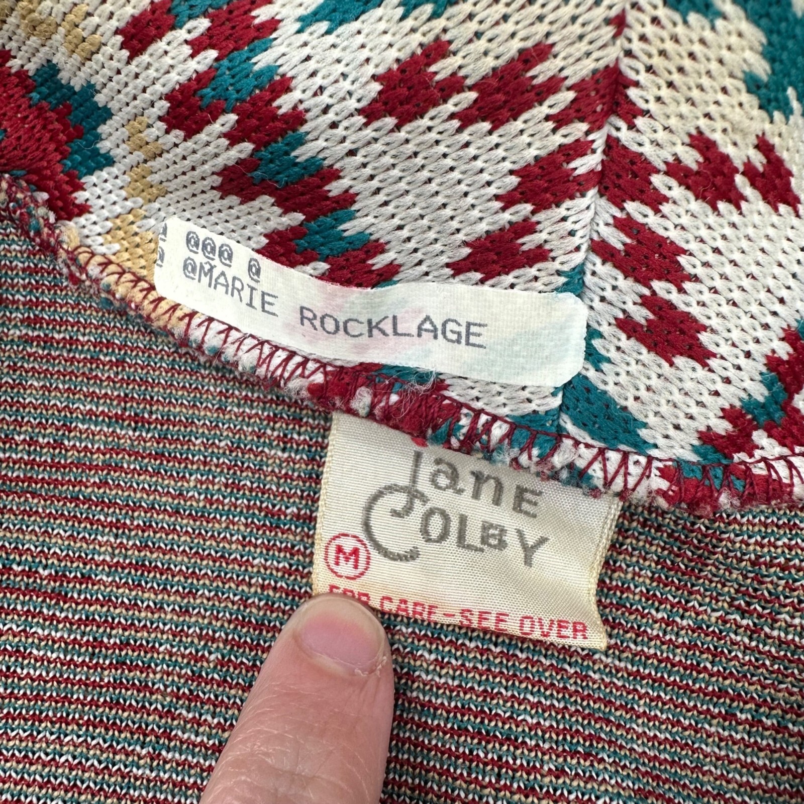 Vintage Cardigan Jacket 1970s Jane Colby USA Aztec Belted Maroon Teal Medium