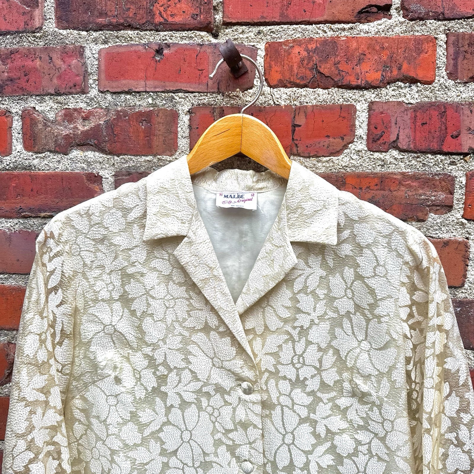 Vintage Malbe Original Lace Blouse Cream Gold Metallic Accent Sz 11 12 RN 10609