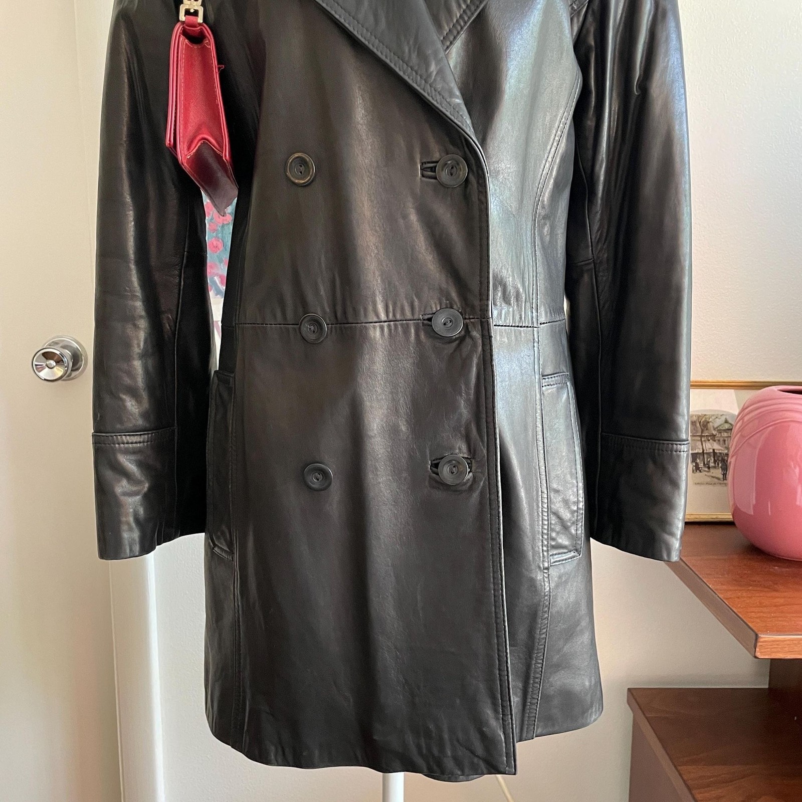 Vintage 90s Black Genuine Leather Coat Small Double Breasted Trench Grunge Goth