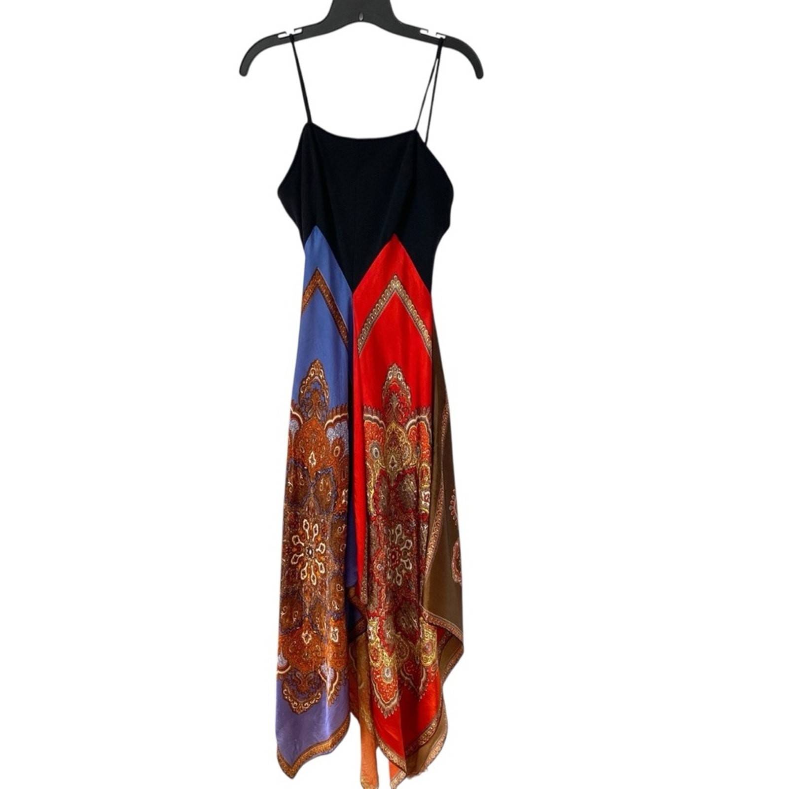 Vintage 1960s 1970s Paisley Satin Handkerchief Dress Red Black Blue size M/L