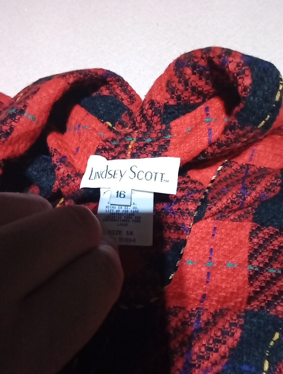 Vintage 80s Lindsey Scott Red Plaid Knit Blazer Sweater Women’s Sz 16 USA MADE