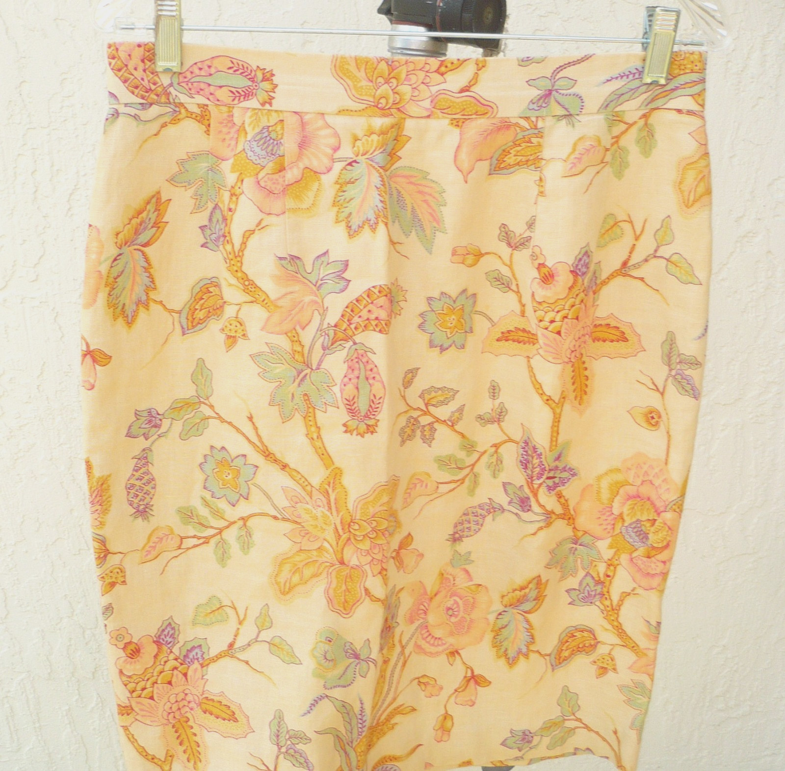 VTG OBERON pastel PINK BLUE FLORAL CREAM LINEN SUIT WOMEN BLOUSE SKIRT LINED L M