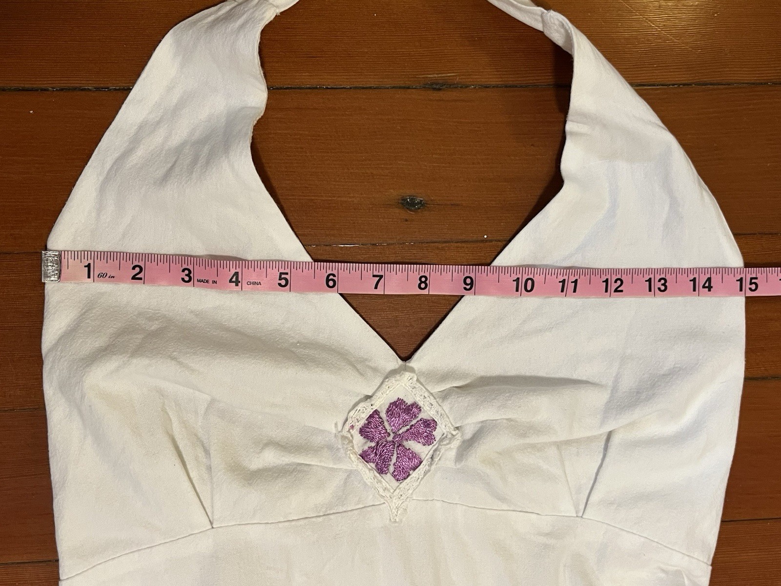Vintage 1970s Mexican White Cotton Purple Flower Embroidered Halter Dress 70s