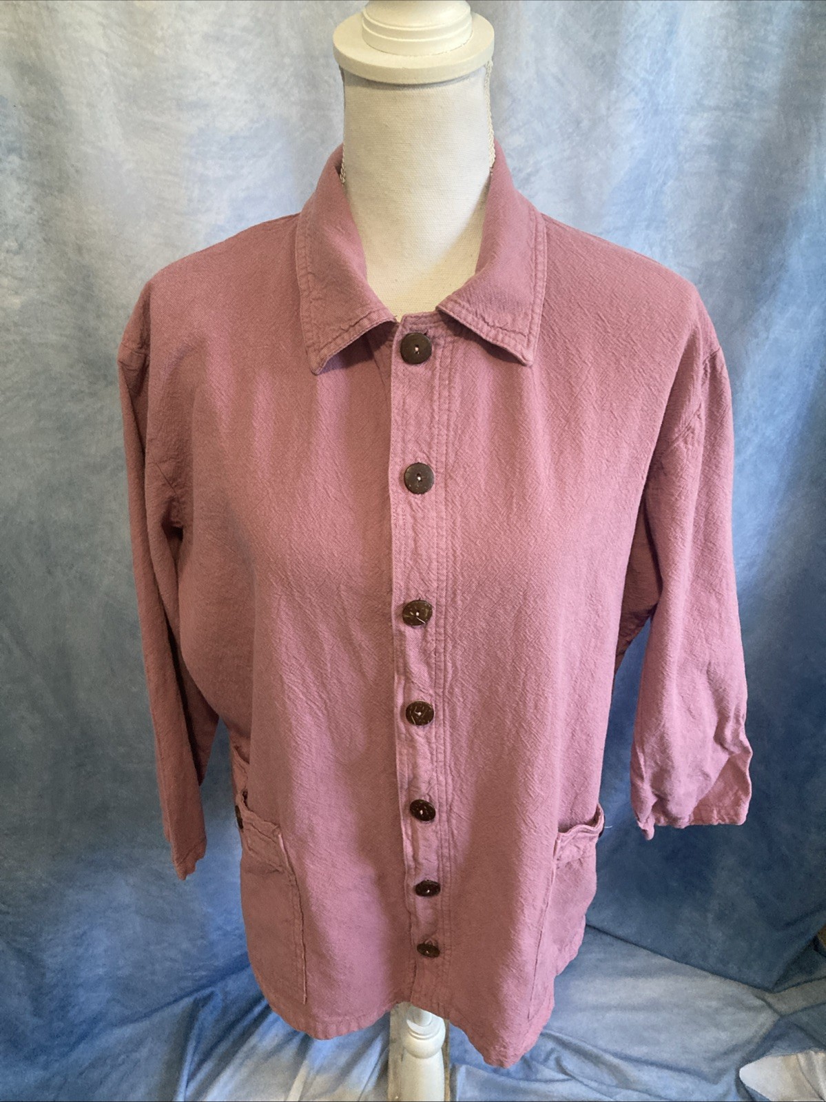 Vintage 80s Club West Cotton Tunic Blouse USA Made Pink Mauve Lagenlook Shirt S