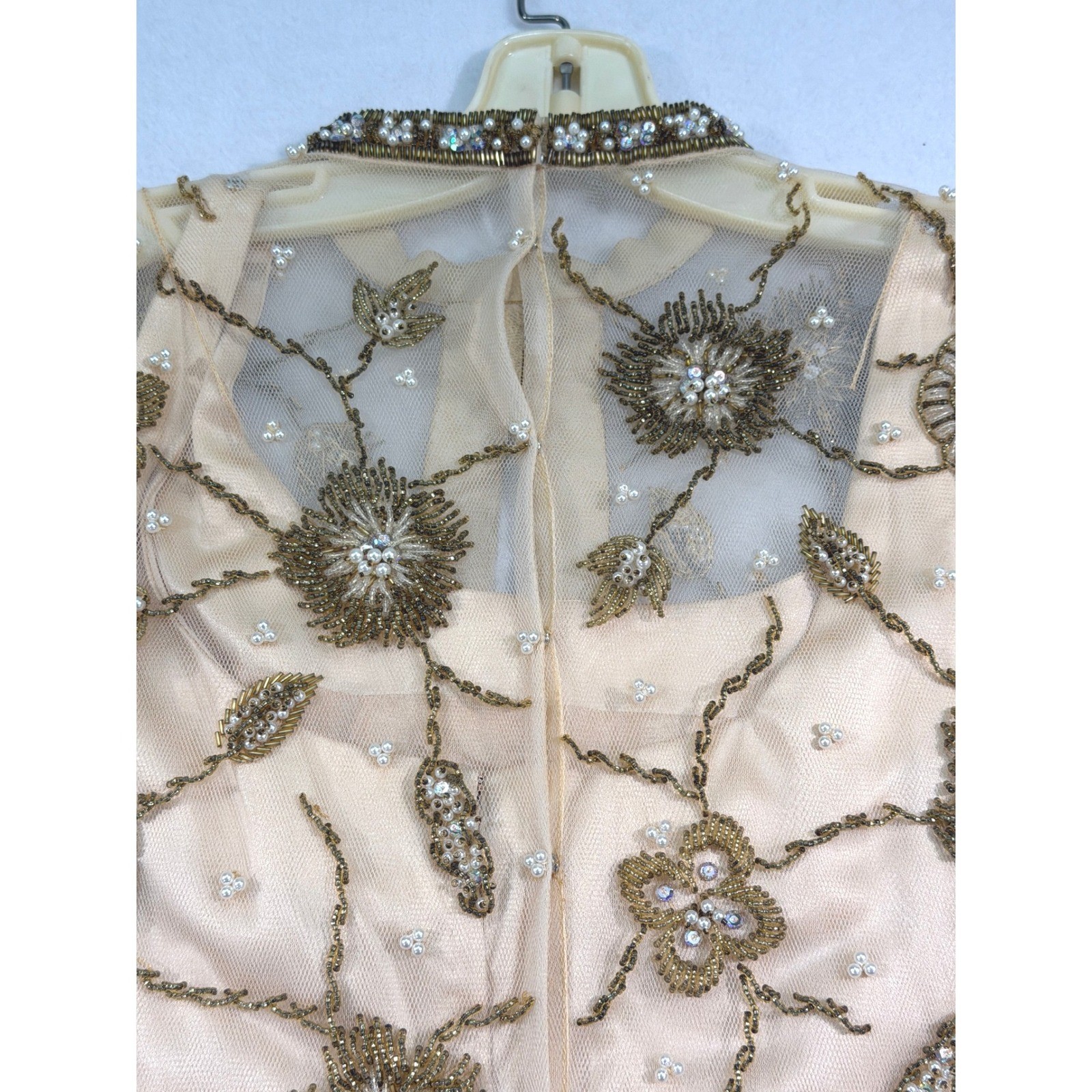 Handmade Vintage Palm Beach Gold Silk Beaded Dress 14 M / L Long Sleeve