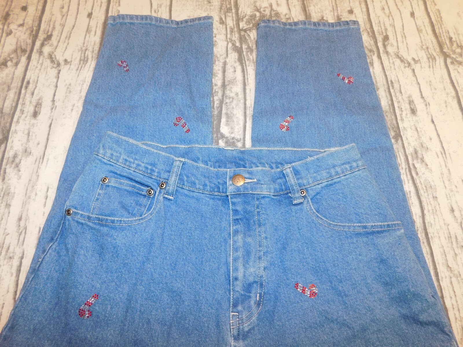VTG THE QUACKER FACTORY JEANS WOMENS 10 RHINESTONES BLING CANDY CANES CHRISTMAS
