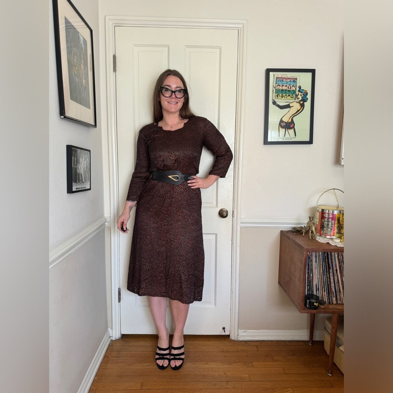 90s Vintage Red Gold and Black Velvet Burnout Dress