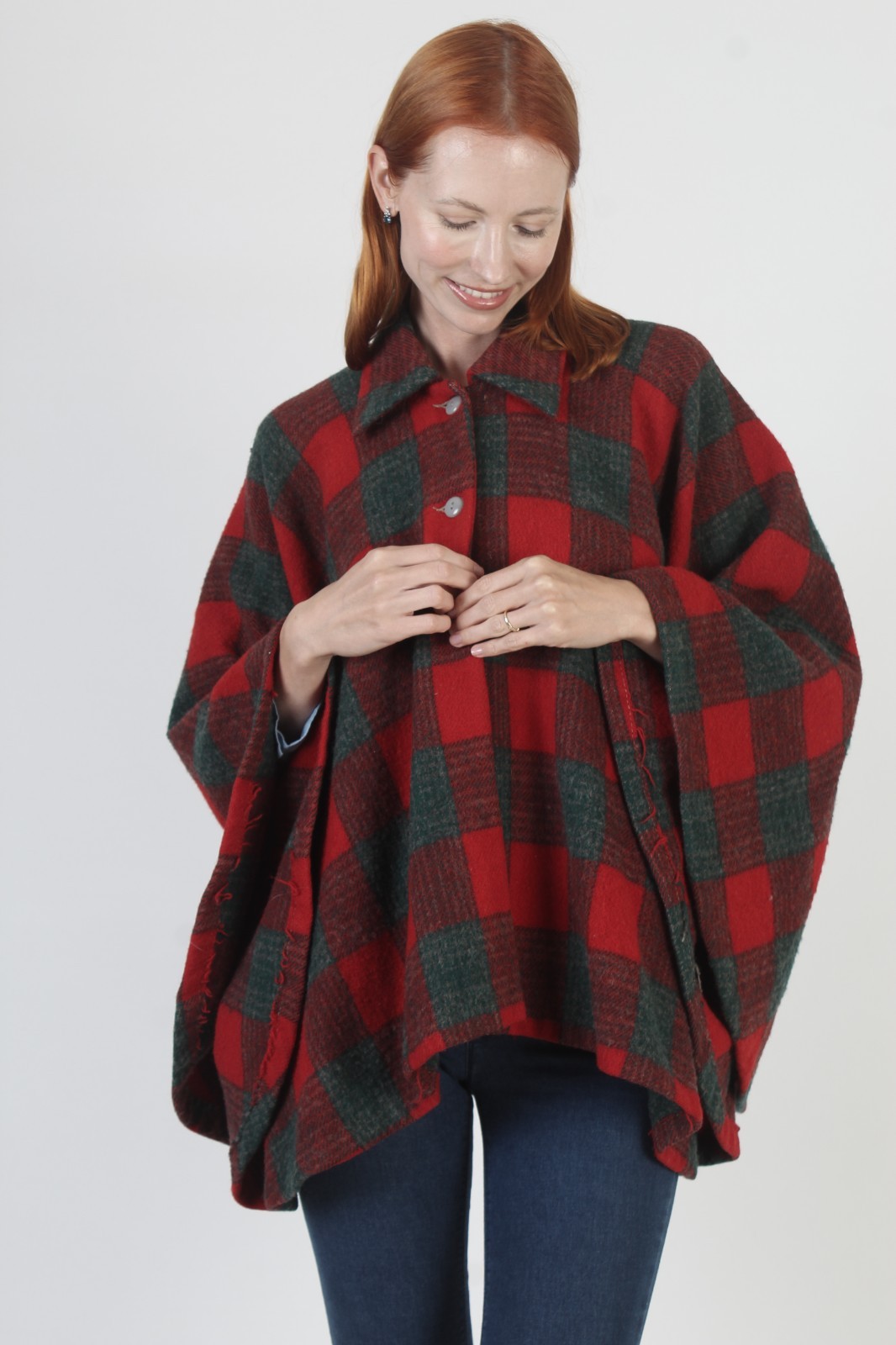 Vintage 50s Tartan Plaid Cape Gingham Holiday Wool Cocoon Poncho Coat Jacket