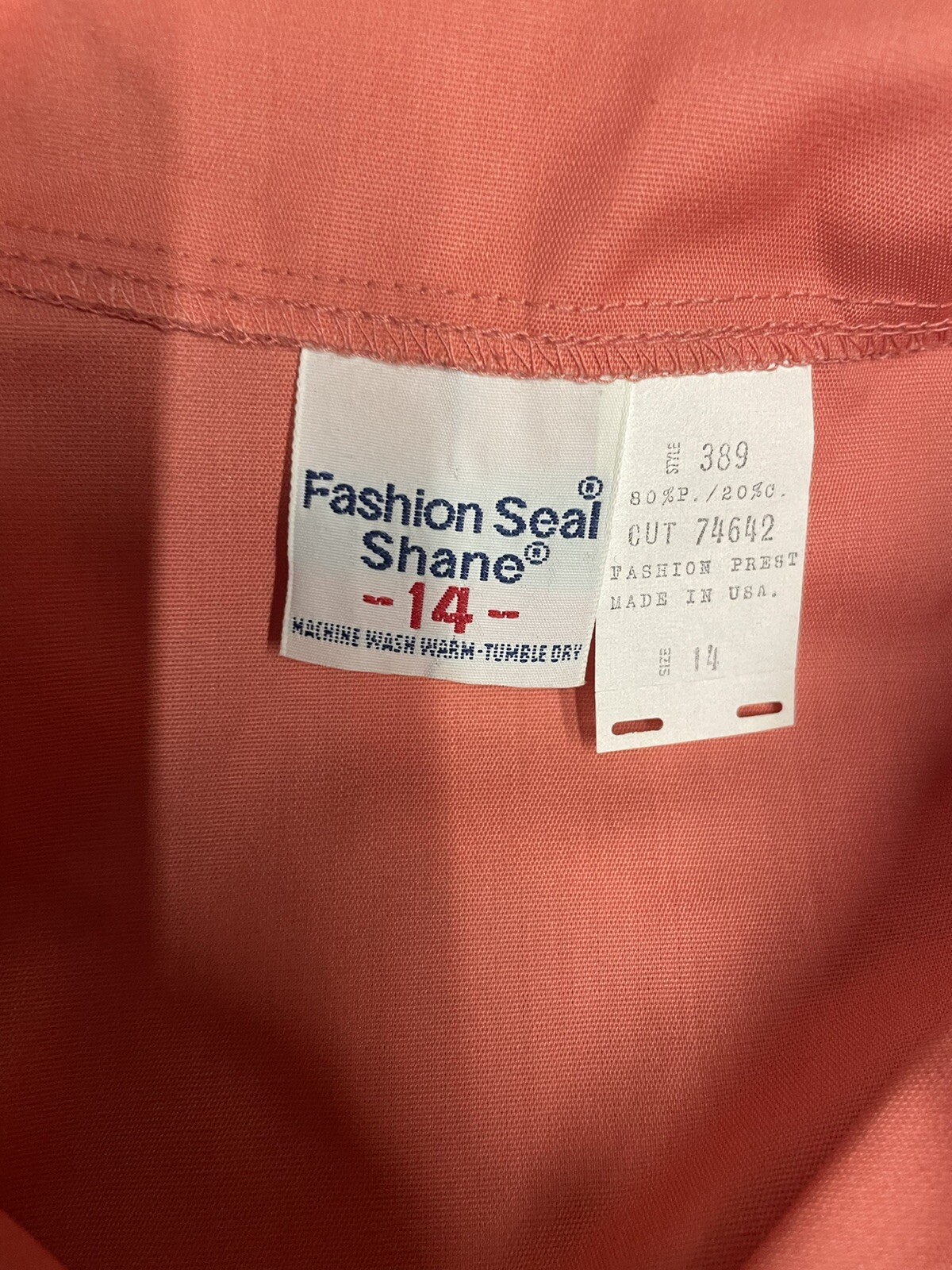 Vintage 70s Fashion Seal Shane Collared 2 Pocket Peach Nurse Scrub Shirt Size 14