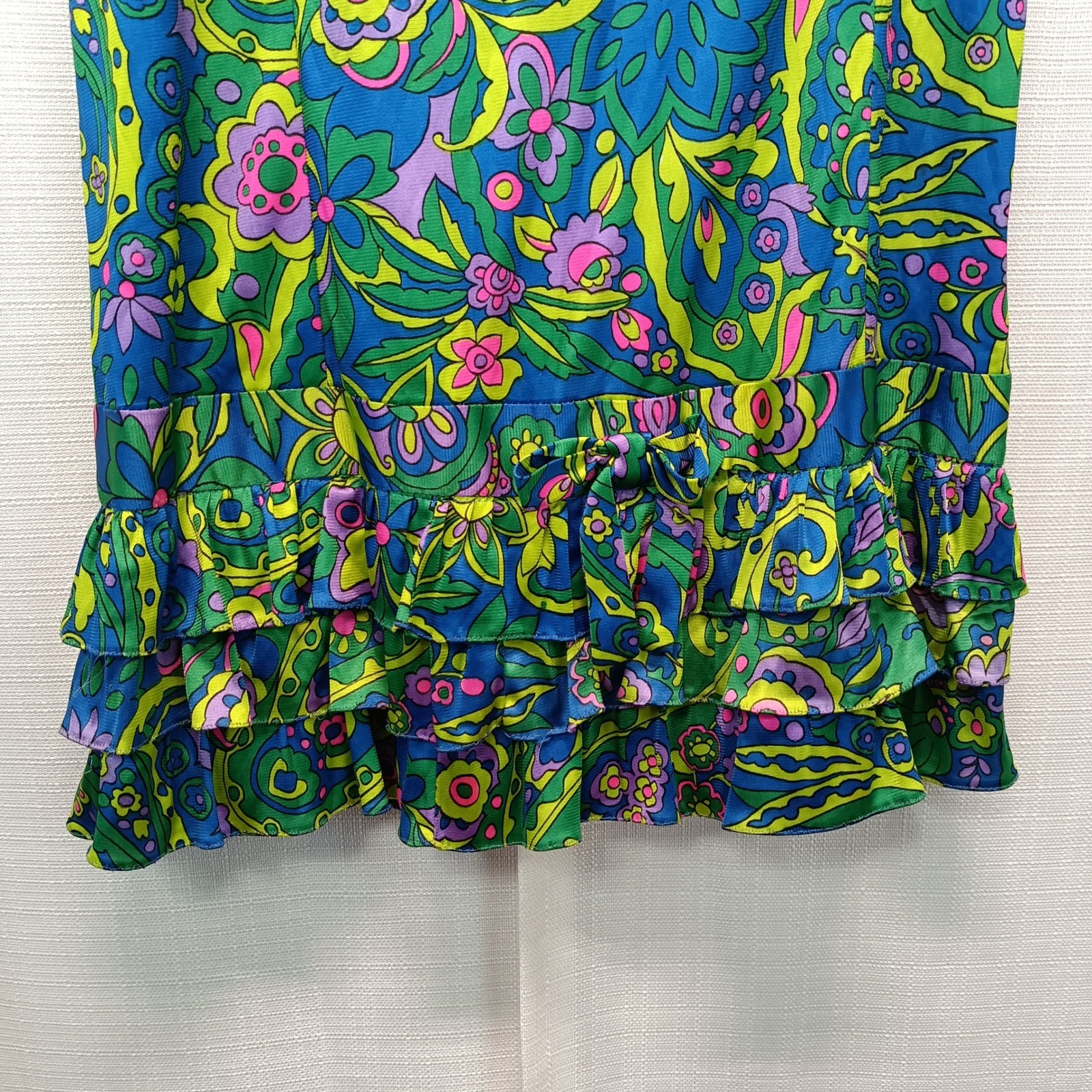 Vtg Serbin of Florida Muriel Ryan Psychedelic Floral Ruffle Hem Dress Womens S