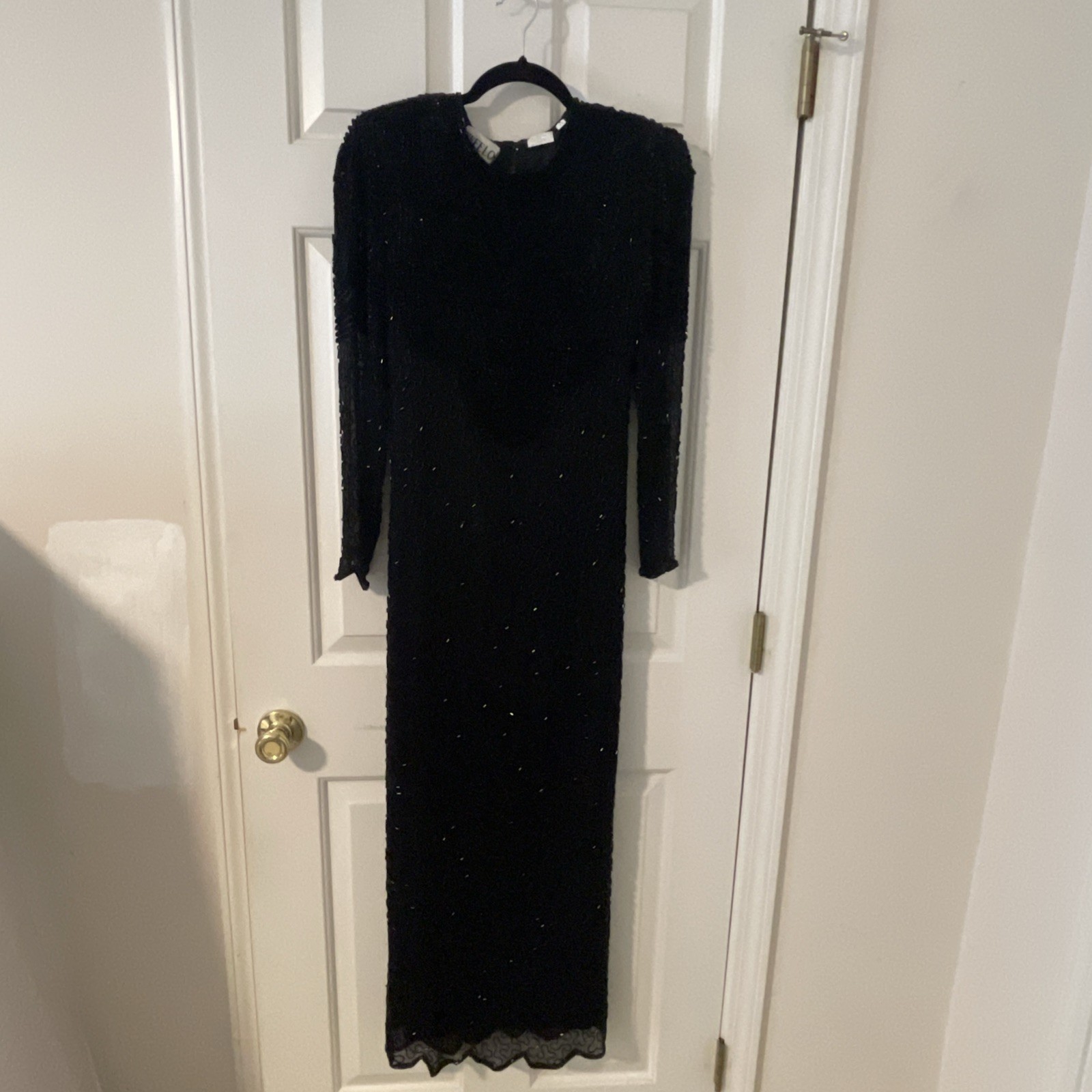 Vtg SWEELO Black 100% Silk Sequin Beaded Slim Fit Long Evening Party Dress Sz S