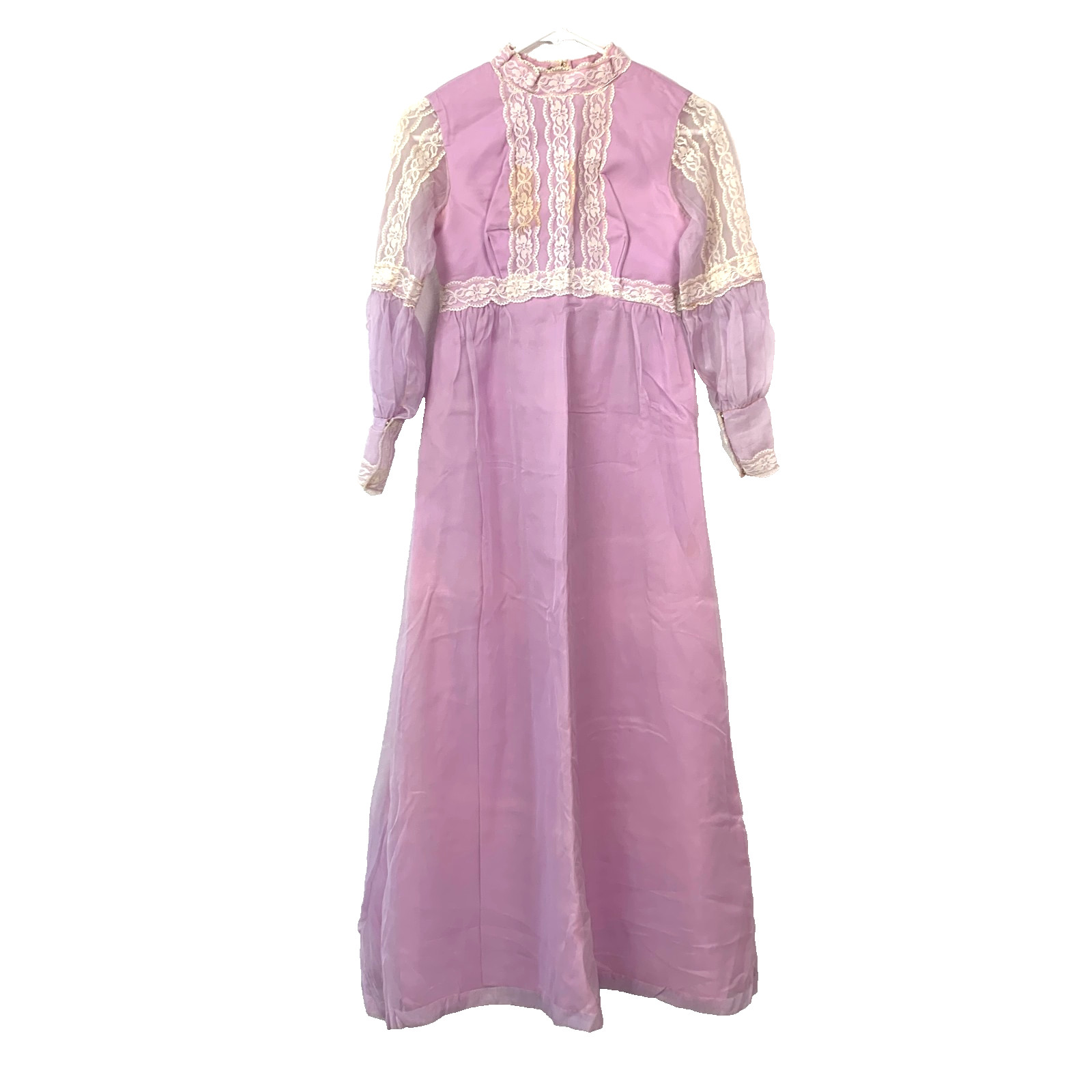 Vintage 60s Purple White Lace Prairie Long Empire Waist Dress Chest 29″