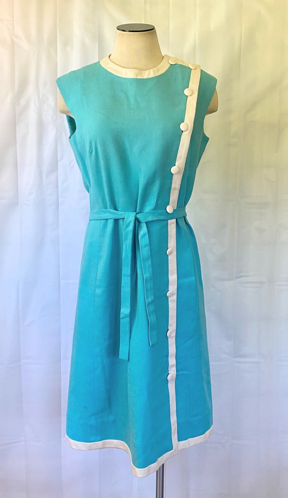 Vintage 1960 Linen Dress by McMullen White Turquoise Blue 37 Bust Sleeveless M L