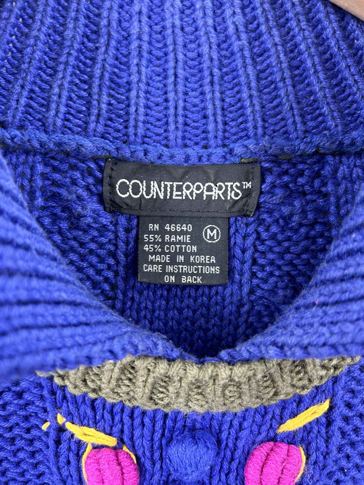 Vintage Counterparts Sweater Cable Knit Floral Pom Blue Women’s Size Medium 80’s