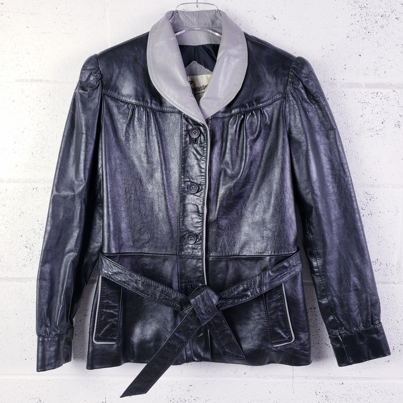 Vintage Berman’s Leather Jacket Womens Size 10 Black Belted Button Front Collar