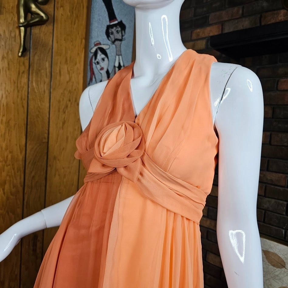 Vtg 70s Peach Chiffon Formal Maxi Dress Rosette Prom Bewitched Party Wedding S