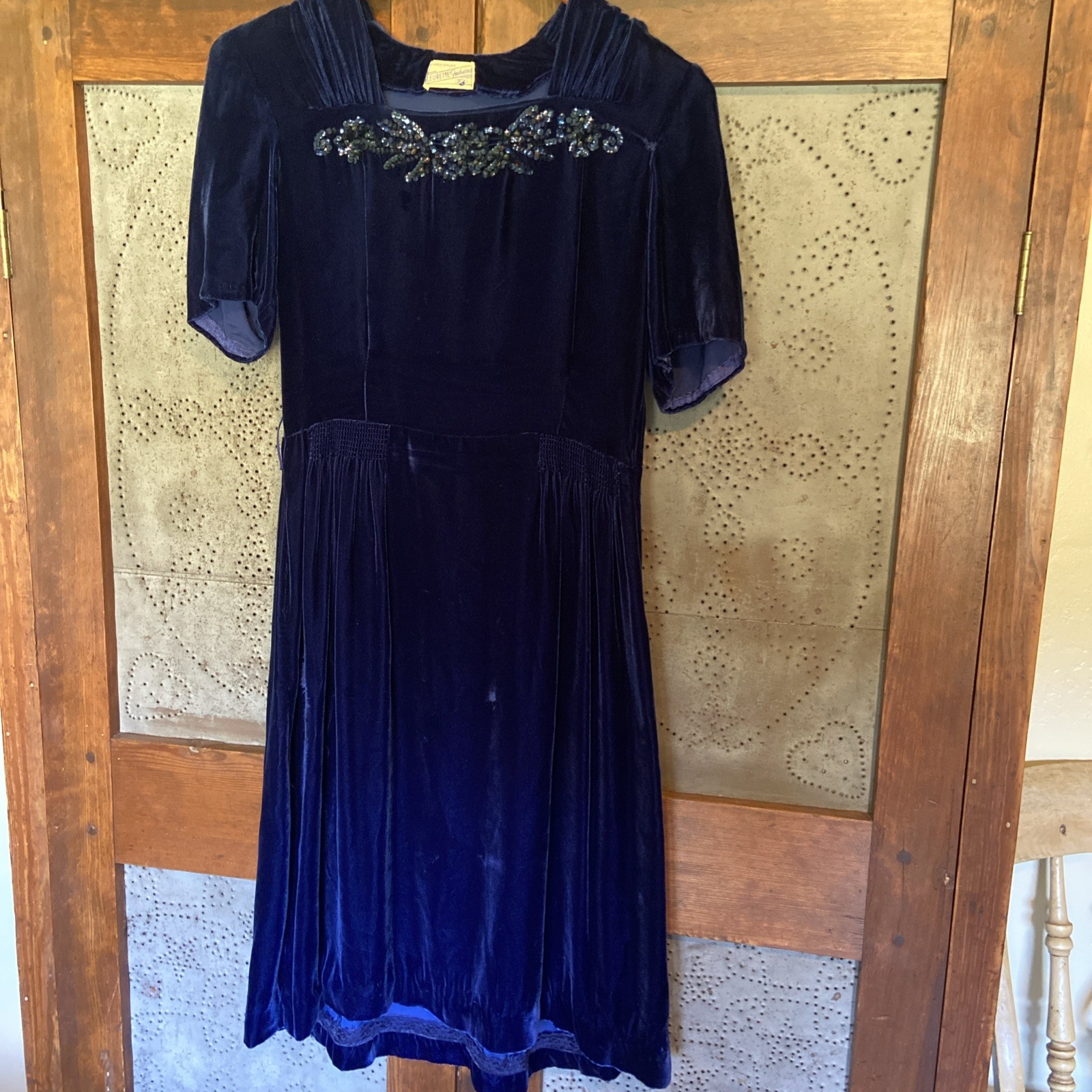 Vintage Fleurette Fashions Dress Velvet Blue Sequins 1930’s? Small?