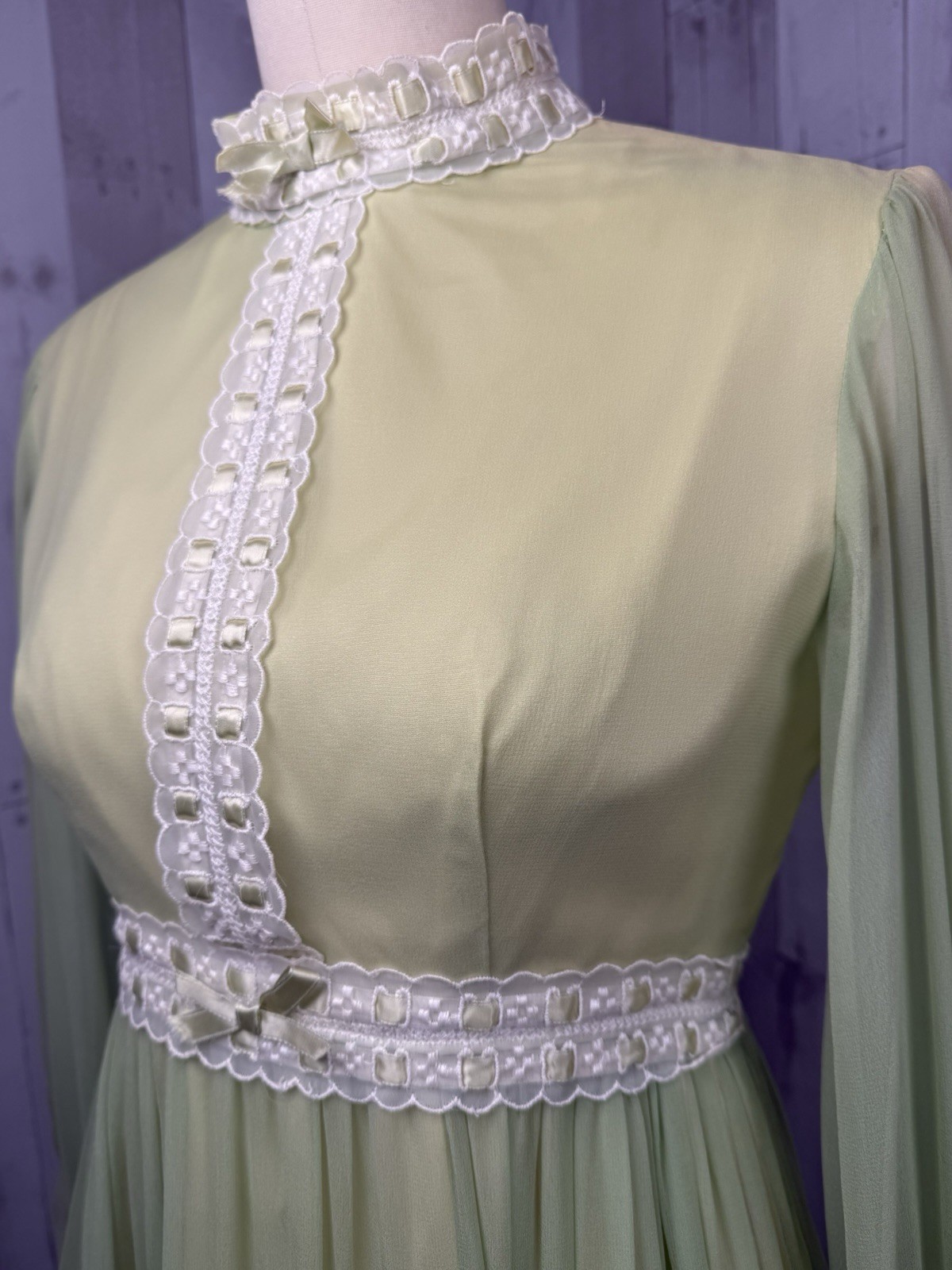 Vintage 70s Lorrie Deb Silk Chiffon Overlay Gown ~ Green Wedding Prom Maxi S/2