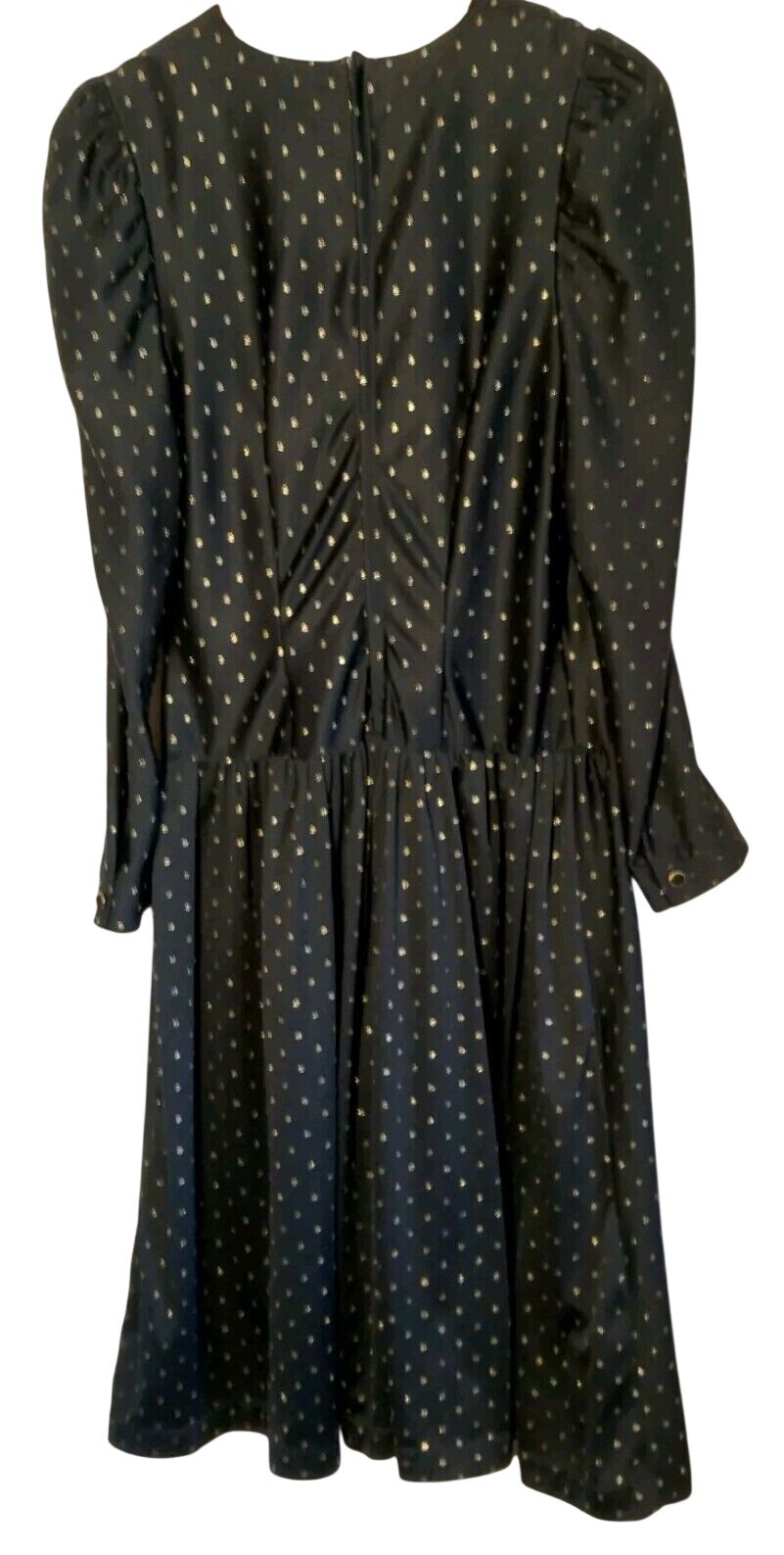 Vintage 1980s Homemade Dress Black Gold Metallic Polka Dot Drop Waist Party Nerd