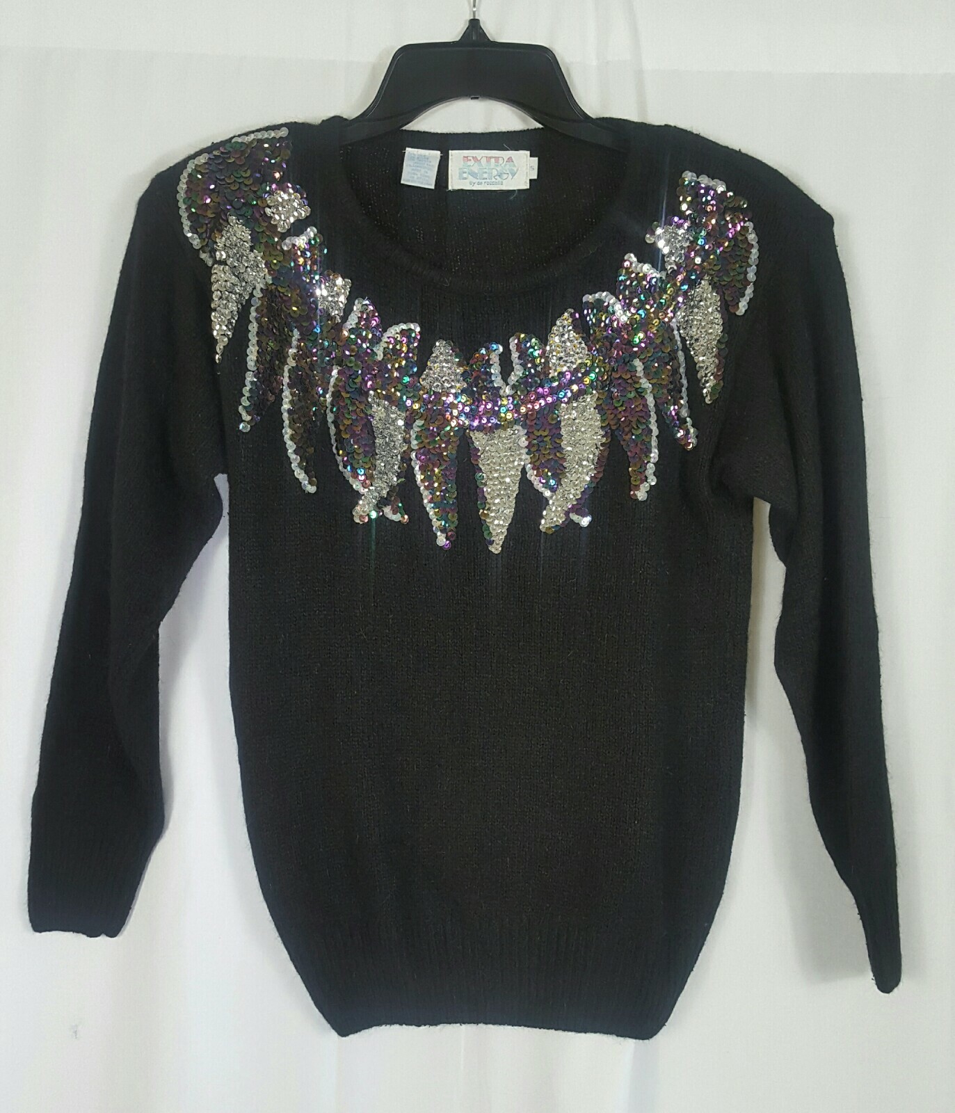 VTG Extra Energy Black Silk Angora Blend Sweater Shoulder Pads Sequin Size Small