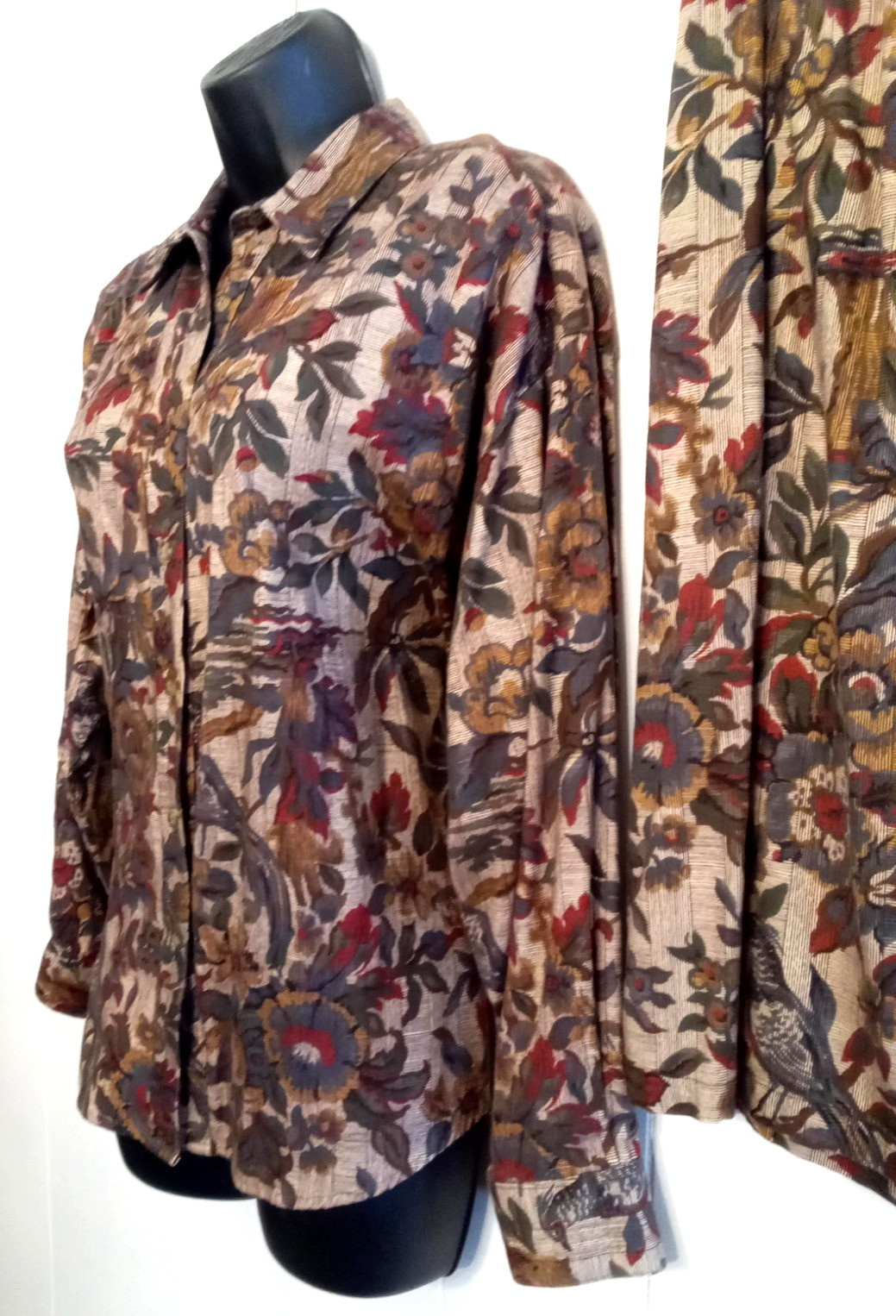 Bushwacker USA Womens Blouse & Skirt SUIT size L Floral Bird Pattern VTG Outfit