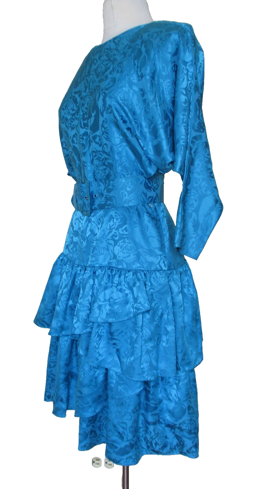 Vintage 80s St Gillian Turquoise Silk Dress 6P Dolman Sleeve Ruffle Skirt
