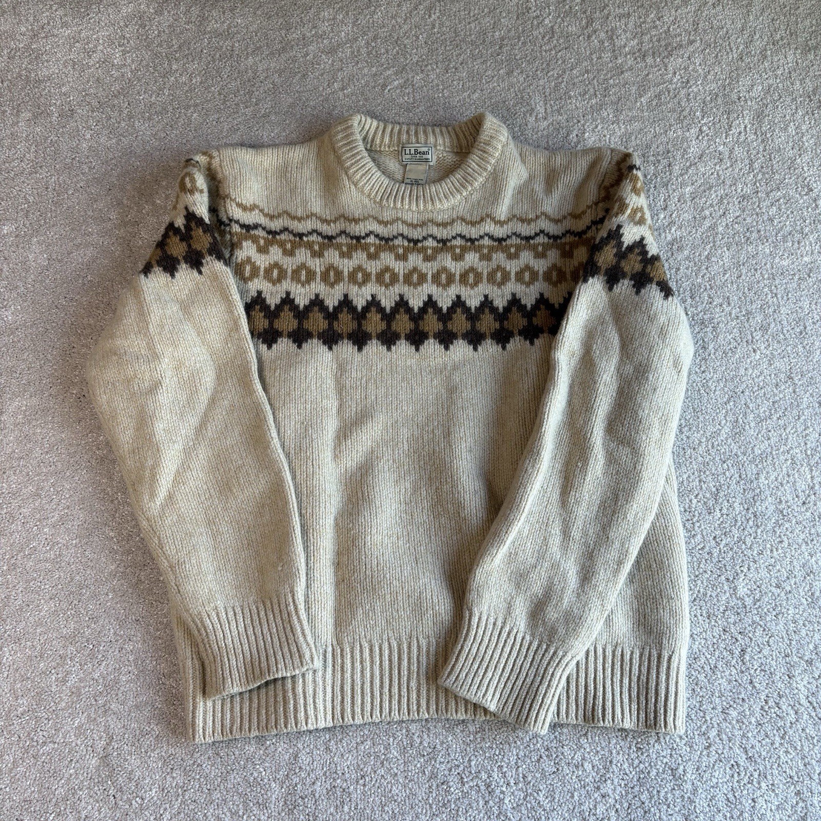 Vintage 90s LL Bean 100% Lamsbwool Cream Beige Oatmeal Knit Sweater Size XL