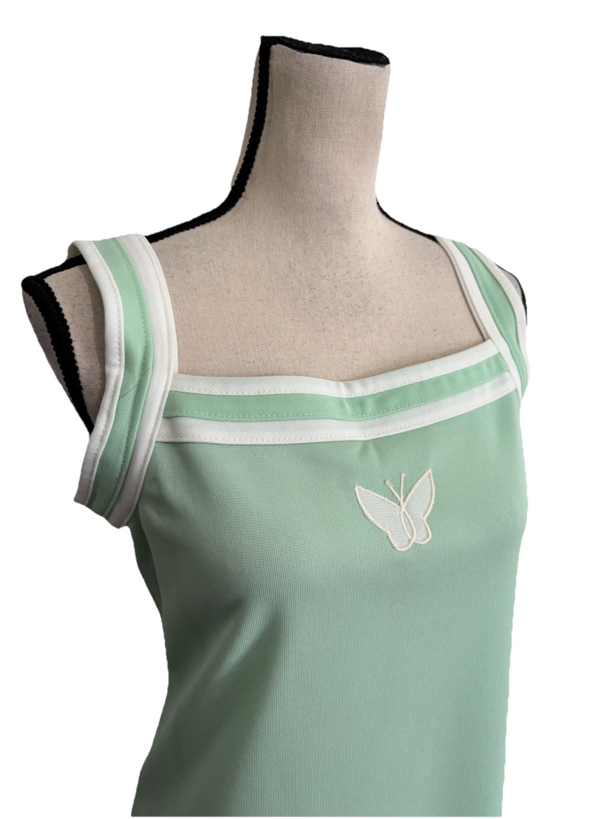 Vintage 1970s Dress Mint Green Butterfly Accent White Trim Summer Size 16