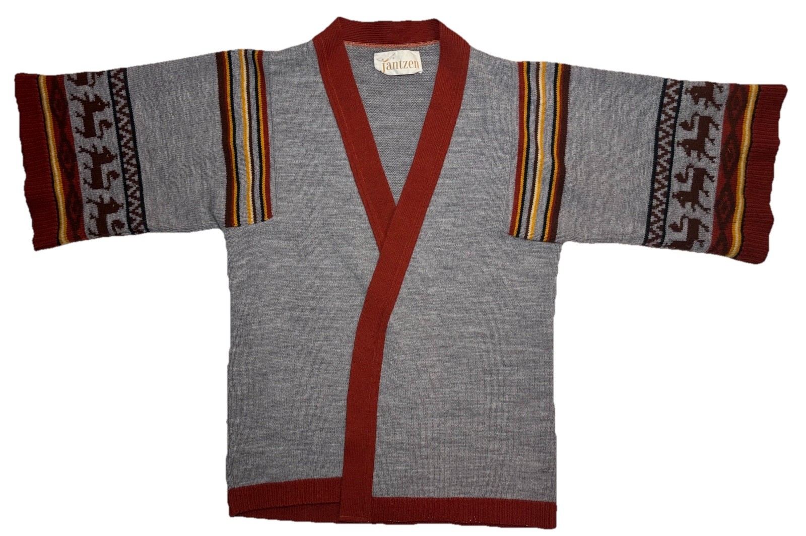 Vintage 70s Jantzen Open Front Cardigan Sweater Adult M Boho Hippie 1/2 Sleeve