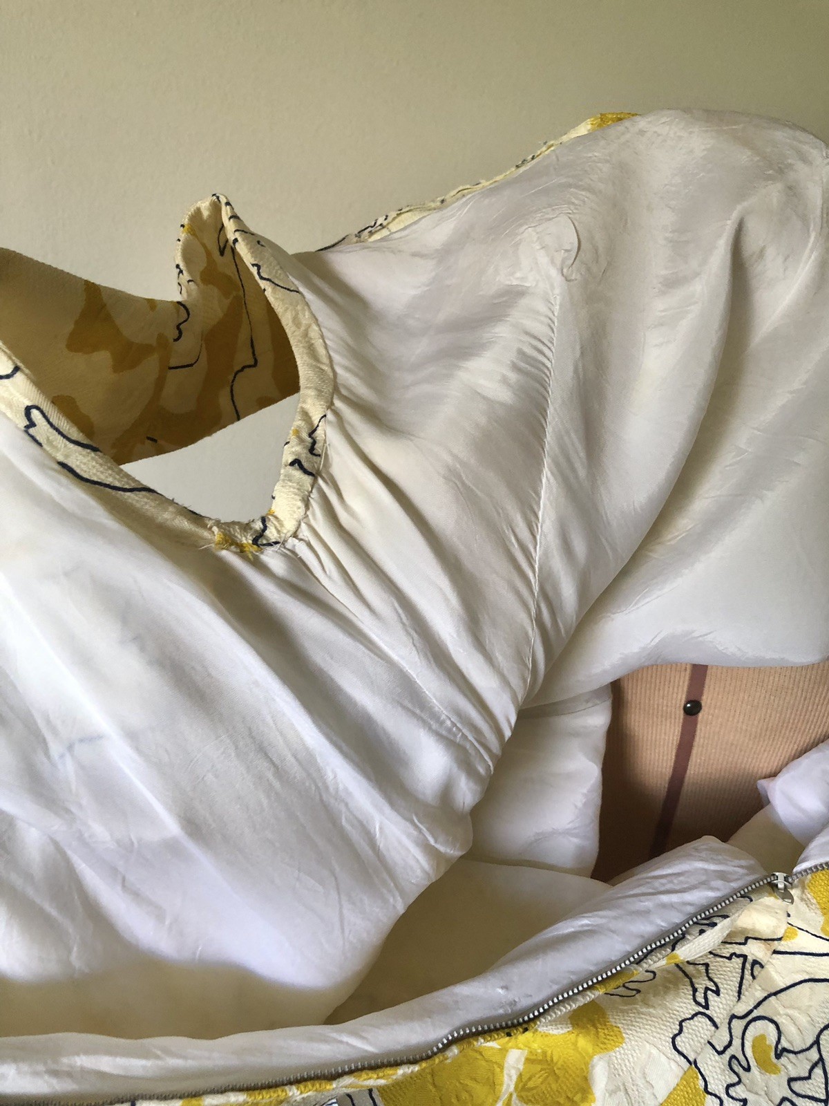 Mid Century Abstract Yellow, White, & Navy Blue Maxi Dress, M