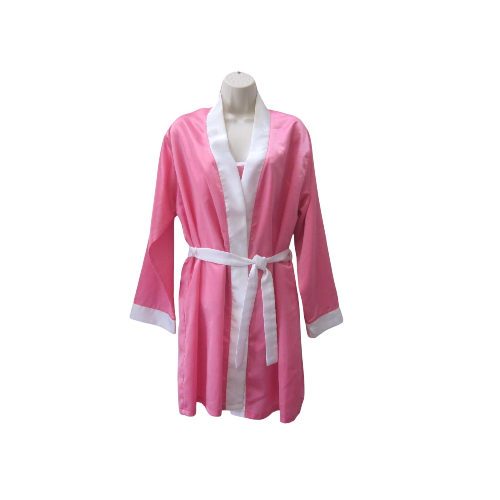 GQ TAILOR SHOP 3 Pc Pink & White Satin Robe Top Shorts Pajama Outfit Sz S