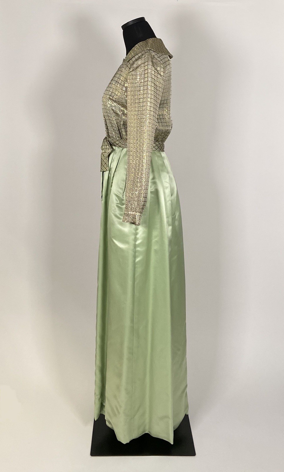 076 1960s Malcolm Starr long sleeve satin gown, pale green, metallic gold size S