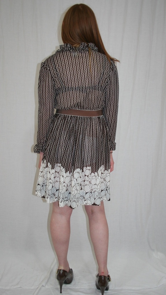 Vintage 80s Sheer Brown White Stripe FLORAL Dot Ruffle BOHO Secretary Dress M