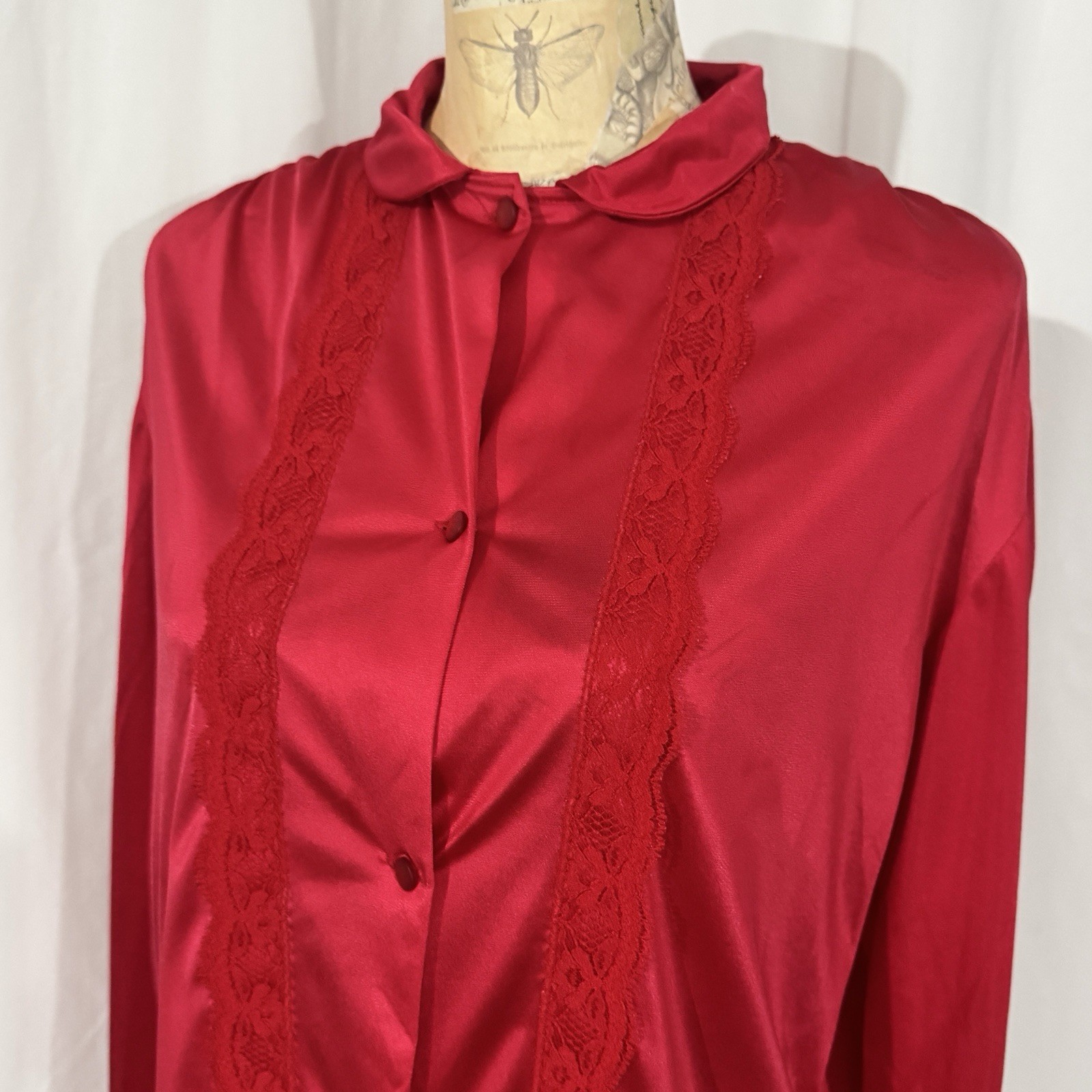 VTG NANCY KING Lingerie Bed Jacket Blouse Sz M Red Lace Peter Pan Collar Sleeves