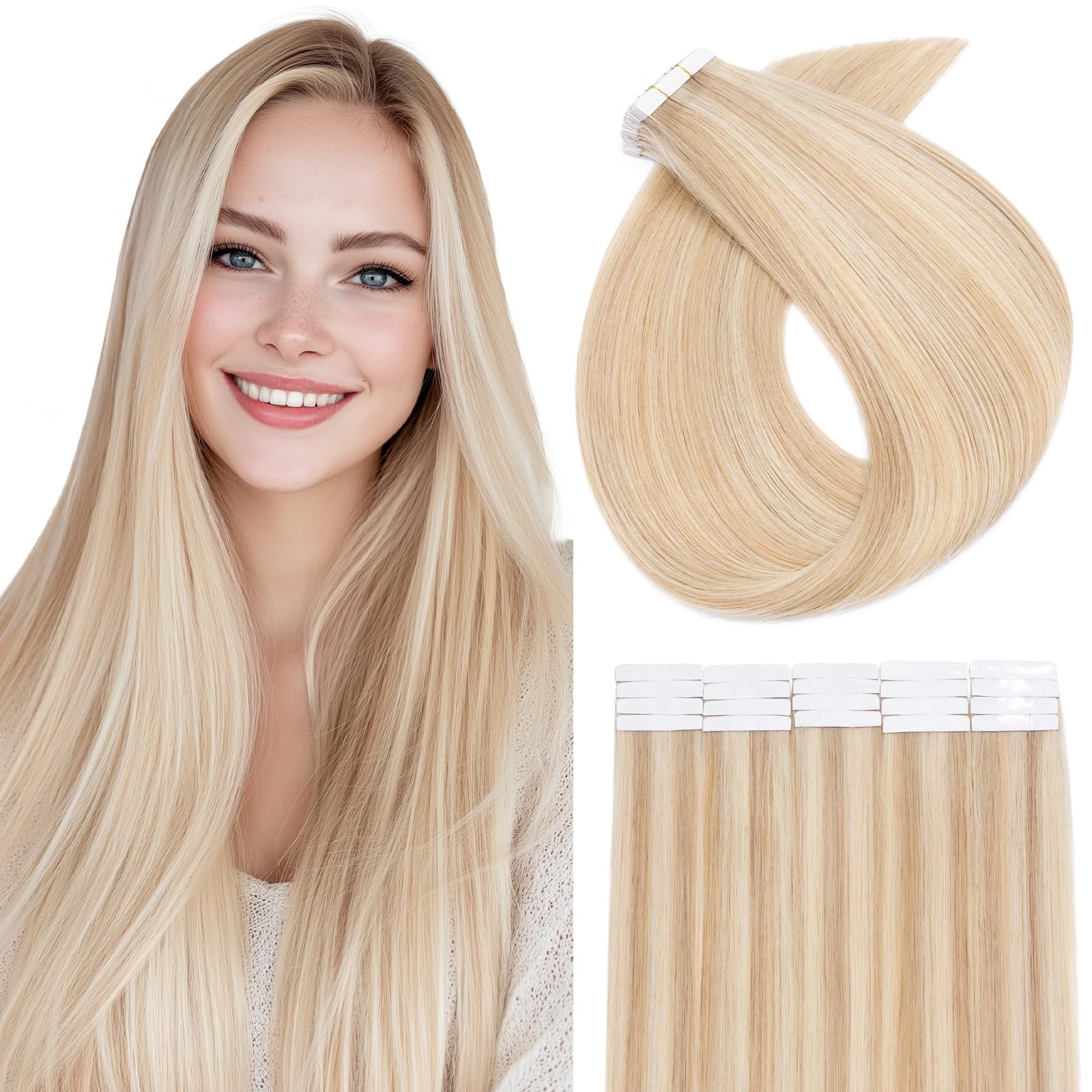 SEGOHAIR Human Hair Tape-In Extensions 20pcs 16in Light Blonde Bleach Remy Seaml