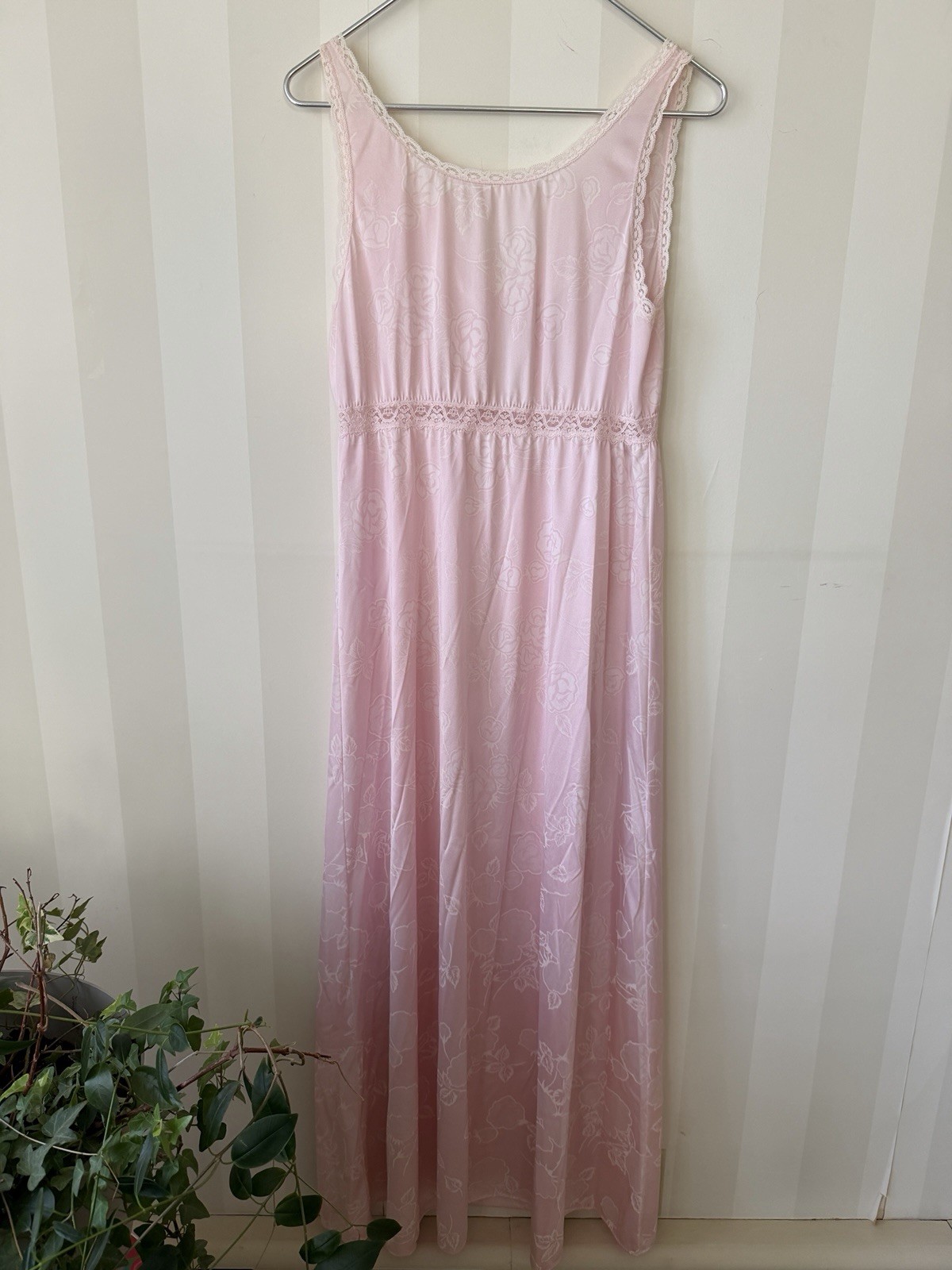 Vintage 1940s Pink Rayon Slip Dress Rose Pattern Lace Key Hole