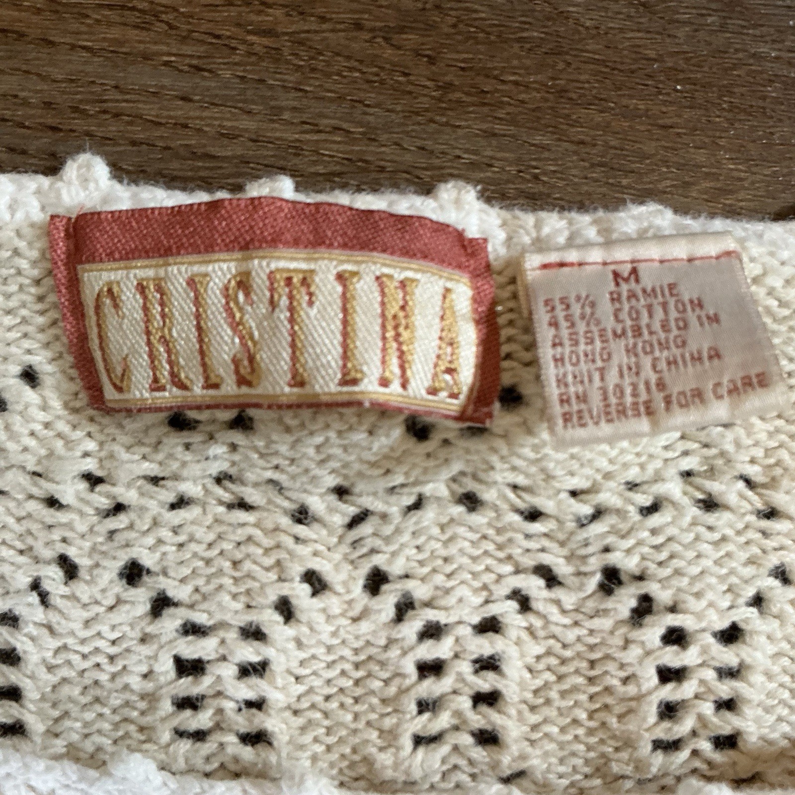 VINTAGE Size M Cristina Cream Open Knit Floral Sweater Womens Ramie Cotton 37701