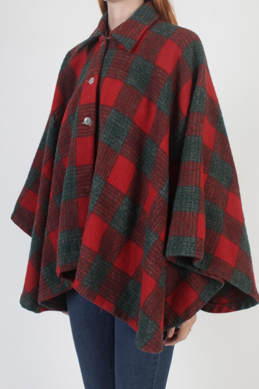 Vintage 50s Tartan Plaid Cape Gingham Holiday Wool Cocoon Poncho Coat Jacket