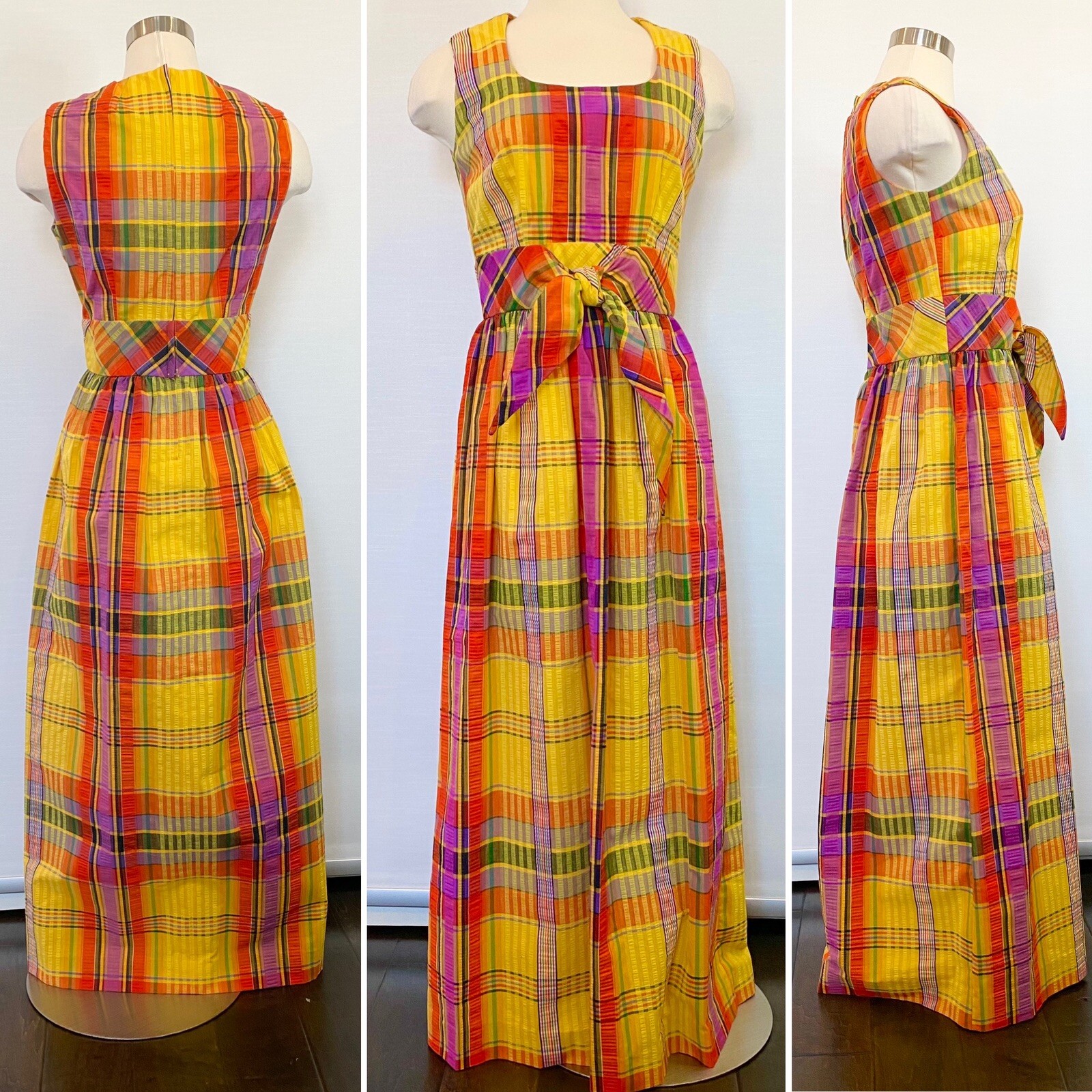 Vintage SWIRL Concept 70s Yellow Orange Madras Plaid Maxi Gown Long Column Dress